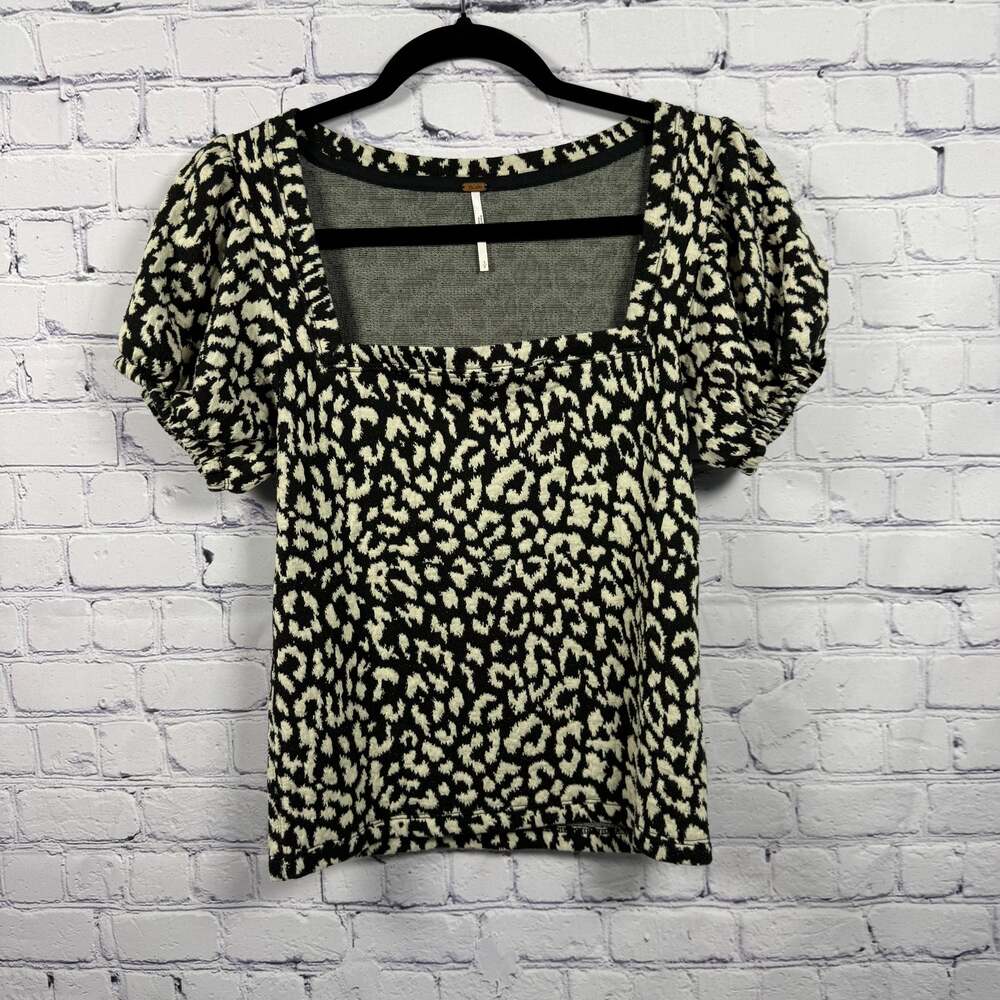 Free People Cheetah Print Square Neck Puff Sleeve Top Size S - Picture 1 of 8